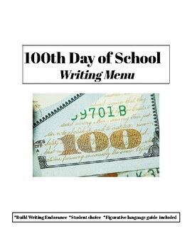 Preview of 100th Day of School Writing Menu