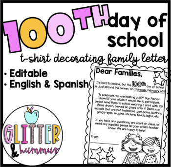 Preview of 100th Day t-shirt Parent Letter | FULLY EDITABLE
