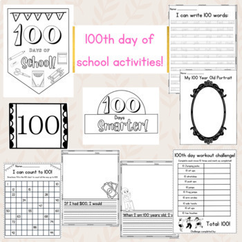 Preview of 100th day of school math writing literacy craft activities KG 1st 2nd 3rd