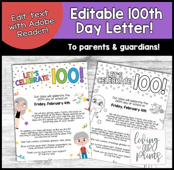 Preview of 100th day of school parent letter, Editable, 100th day of school dress up