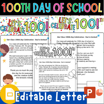 Preview of 100th day of school parent letter Editable, 100th day of school flyer