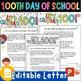 100th day of school parent letter Editable, 100th day of s
