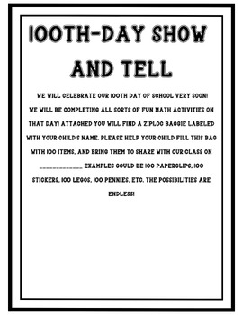 Preview of 100th day of school show and tell parent letter