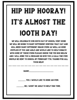 Preview of 100th day of school snack parent letter