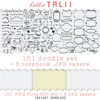 Preview of 101 HAND DRAWN DOODLES Clip Art + 3 COPYBOOK Digital Papers