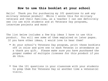 101 Questions to Ask Any Military Veteran with Lesson Guide by