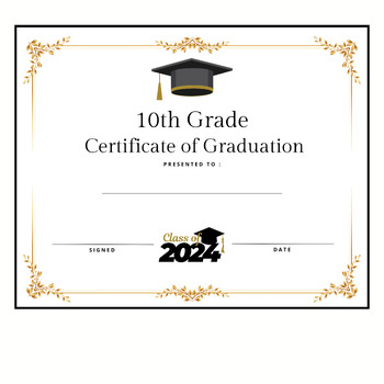 Preview of 10th Grade Graduation Certificate Printable Print & Go Tenth Grade Award