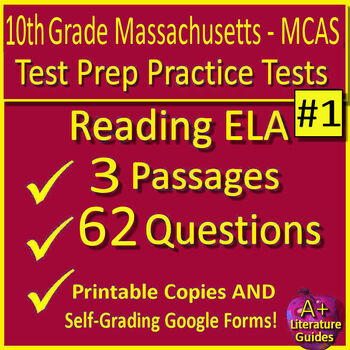 Preview of 10th Grade Massachusetts MCAS Reading Practice Tests Printable and Google Forms
