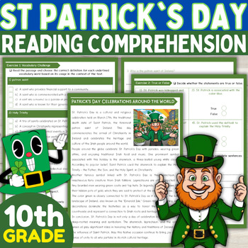 Preview of 10th Grade St. Patrick's Day Reading comprehension passage, St Patty’s Day March