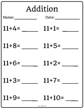 11-20 Addition Worksheets (Adding #'s 0-10) by MommymadePrints | TPT