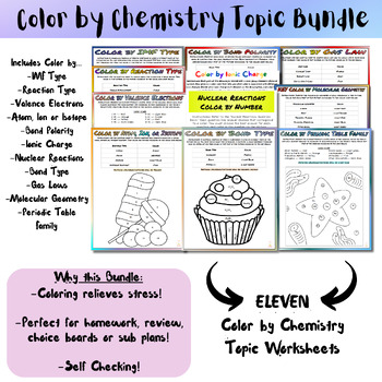 Preview of 11 Chemistry Color by Topic: Nuclear Reactions, Ionic charges, Gas Laws, etc.