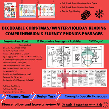 Preview of 12 Decodable Christmas/Winter/Holiday Reading Comprehension & Fluency Passages