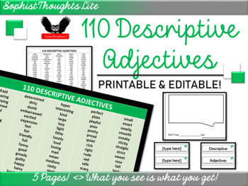 Preview of 110 Basic Descriptive Adjectives List and Graphic Organizer