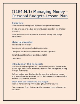 Preview of 11E4.M.1 Managing Money Personal Budget Lesson Plan