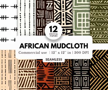 Preview of 12 African Mudcloth Digital Papers, Seamless, Tribal Patterns and Backgrounds