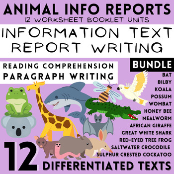 Preview of 12 Animal Information Texts, Report Writing & Reading Analysis Workbook Bundle