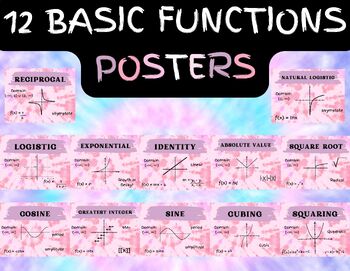 Preview of 12 Basic Functions Posters - Parent Functions Pink and Blue Tie Dye