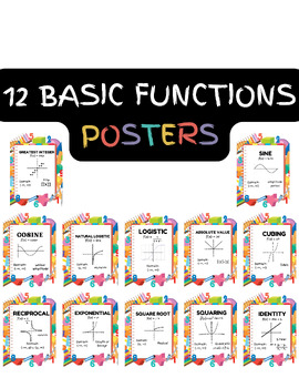 Preview of 12 Basic Functions Posters - Parent Functions (School Colorful Background)