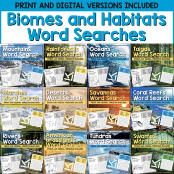 Preview of 12 Biomes, Habitats, and Ecosystems Word Search BUNDLE — Print and Digital