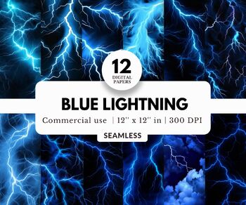 Preview of 12 Blue Lightning Digital Papers, Seamless Backgrounds, For Weather and Sports