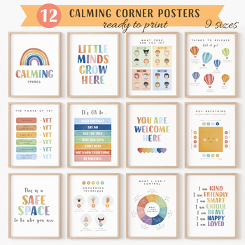 Preview of 12 Calming Corner Posters, Rainbow Classroom Decor, Emotional Self-Regulation.