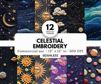 Preview of 12 Celestial Embroidery Digital Papers, Tileable Pattern, Sun, Moon and Stars