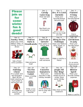 Preview of 12 Days of Christmas: Winter Fun/Good Deeds Challenge(Editable resource)