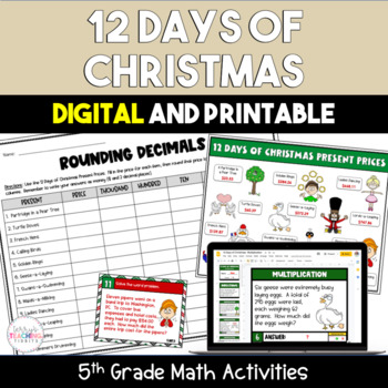 Preview of 12 Days of Christmas Digital and Printable 5th Grade Math Activities