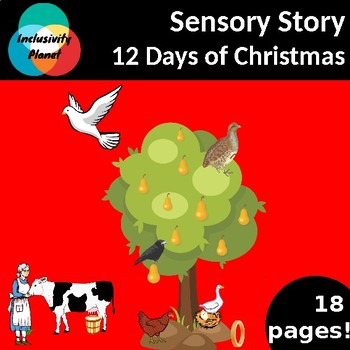 Preview of 12 Days of Christmas SENSORY STORY including vocabulary cards/sequencing & guide