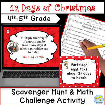 Preview of 12 Days of Christmas Scavenger Hunt & Math Activity 4th-5th Grades