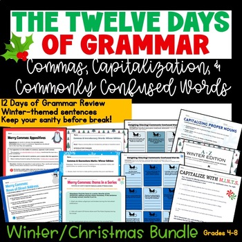 Preview of ELA 12 Days of Grammar: Growing Winter Christmas Bundle Commas Capitalization