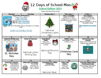 Preview of 12 Days of School-Mas December Calendar of Fun