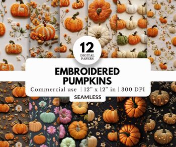 Preview of 12 Embroidered Pumpkins Digital Papers, Seamless Patterns, Cute Halloween