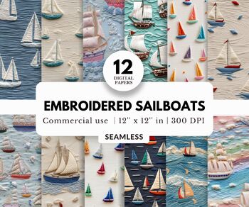 Preview of 12 Embroidered Sailboats Digital Papers, Tileable Pattern, Ocean Nautical Theme