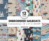 12 Embroidered Sailboats Digital Papers, Tileable Pattern,