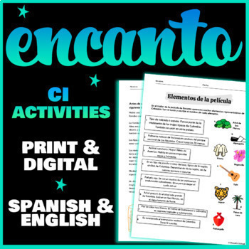 Preview of 12 Encanto Worksheets Readings and Slides - Spanish and English - Movie Guide