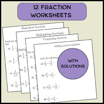 Preview of 12 Fraction worksheets (with solutions)
