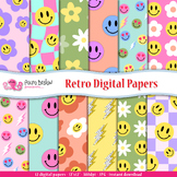 12 Groovy Retro digital papers. Smiley Face seamless pattern.