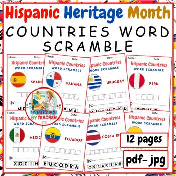 Preview of 12 Hispanic Countries Word Scramble | free Hispanic Heritage Month worksheets