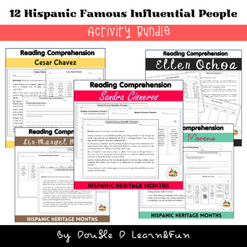 Preview of 12 Hispanic Famous Influential People Reading Comprehension Biography Bundle K-2