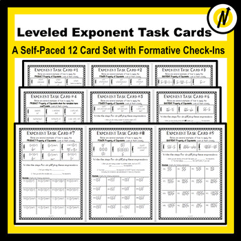 Preview of 12 Leveled Exponent Property Task Cards with Answer Sheets and Check-Ins