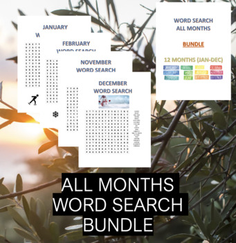 Preview of 12 MONTHS WORD SEARCH BUNDLE - ALL MONTHS - JANUARY TO DECEMBER - 14+ PAGES