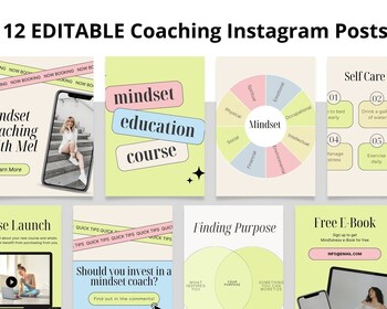 Preview of 12 Mindset Coach Instagram Templates | Life Coach Templates | Mindset Coach Soci