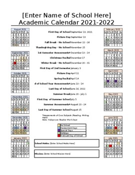 Preview of 12-Month Academic Calendar Template - Excel
