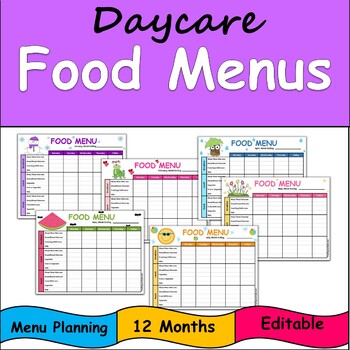 Preview of 12 Month Food Menu Editable Template for Daycare Center Family & Childcare