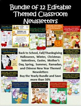 Preview of 12 Months Themed Monthly or Weekly Classroom Newsletter Bundle Editable