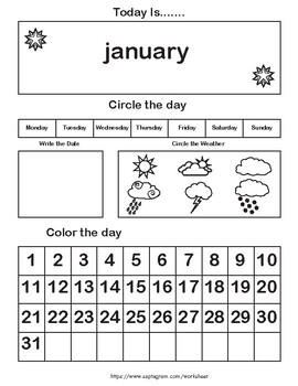 Preview of 12 Printable Preschool Calendar Worksheet Pages. Month, Day, Date, Weather