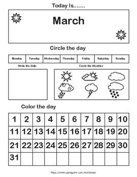 12 Printable Preschool Calendar Worksheet Pages. Month, Day, Date, Weather