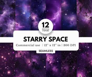 Preview of 12 Purple Starry Space Digital Papers, Tileable, Stars and Galaxy, For Astronomy