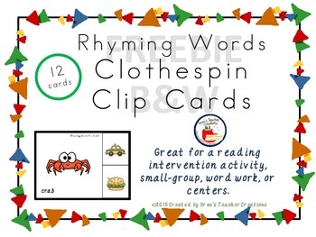 Preview of 12 Rhyming Word Clothespin Clip Cards FREE